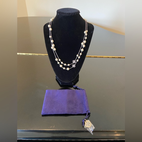 NWT Authentic Luxury Tory Burch Pearl Crystal Rosary Necklace - Picture 3 of 17